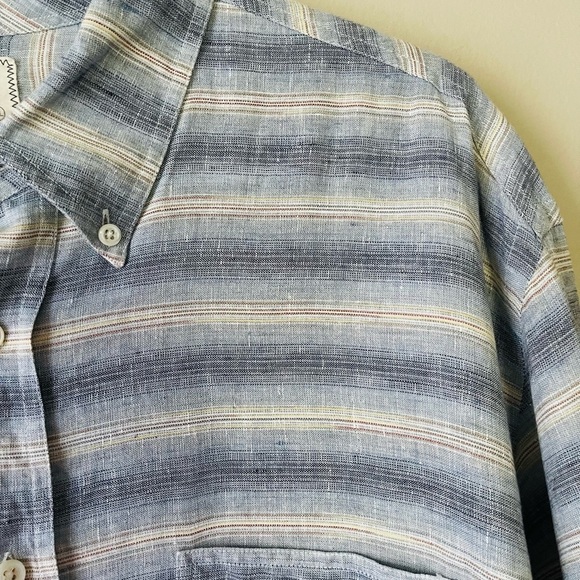 Billy Reid Blue Striped Linen Blend Long Sleeve Button Up Shirt - Picture 4 of 12